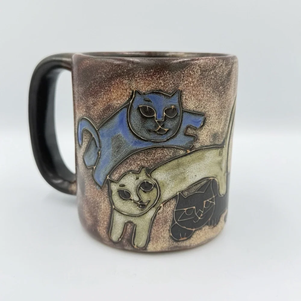 Mara Stoneware Pottery Mexico Cats Large Coffee Mug Cup Blue Signed 16oz - 4.5
